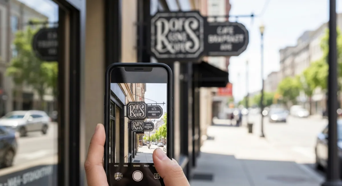 Smartphone photographing stylish typography on a cafe storefront sign