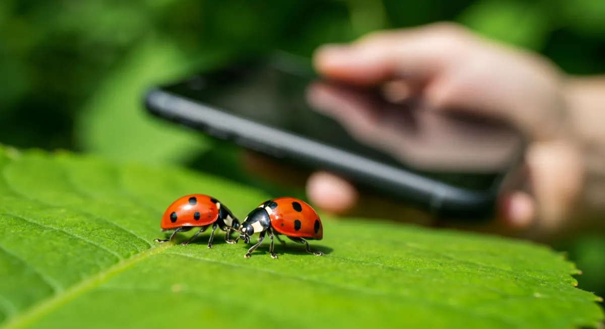 Macro photo of a ladybug on a green leaf with smartphone in background