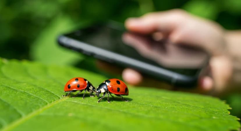 Macro photo of a ladybug on a green leaf with smartphone in background
