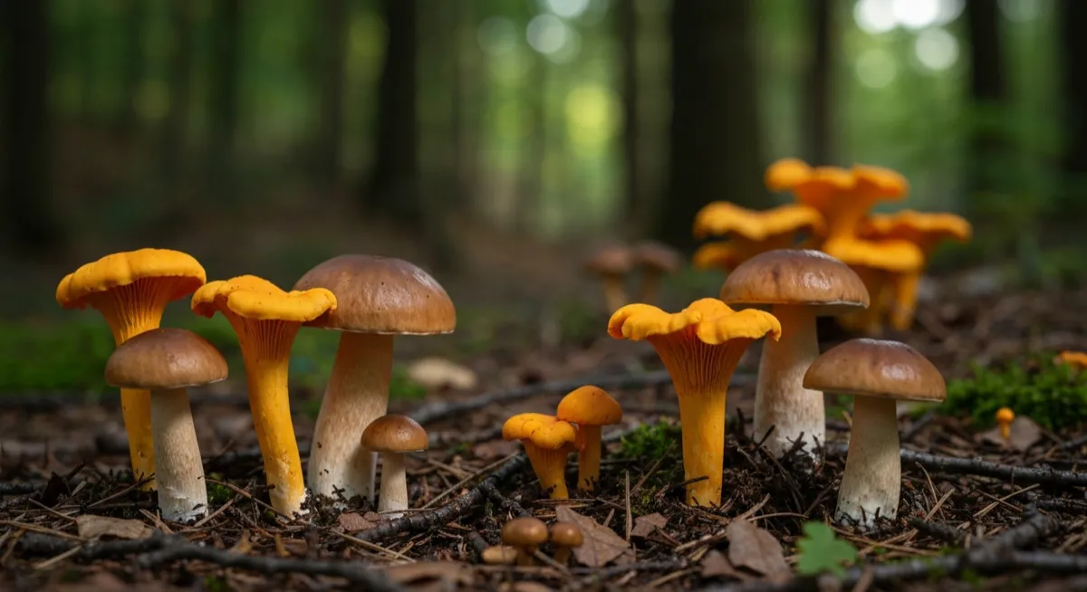 Wild mushrooms on forest floor with smartphone being held to photograph them