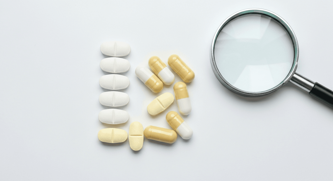 A close-up of various unbranded white and colored tablets and capsules on a clean white surface with a magnifying glass