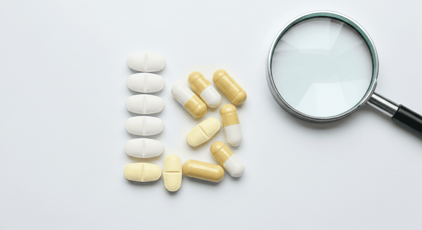 A close-up of various unbranded white and colored tablets and capsules on a clean white surface with a magnifying glass