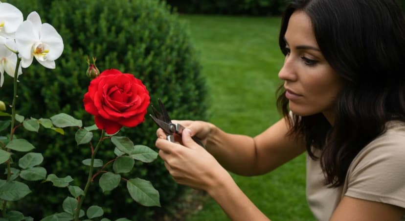 Hand holding smartphone photographing a flowering plant in a garden