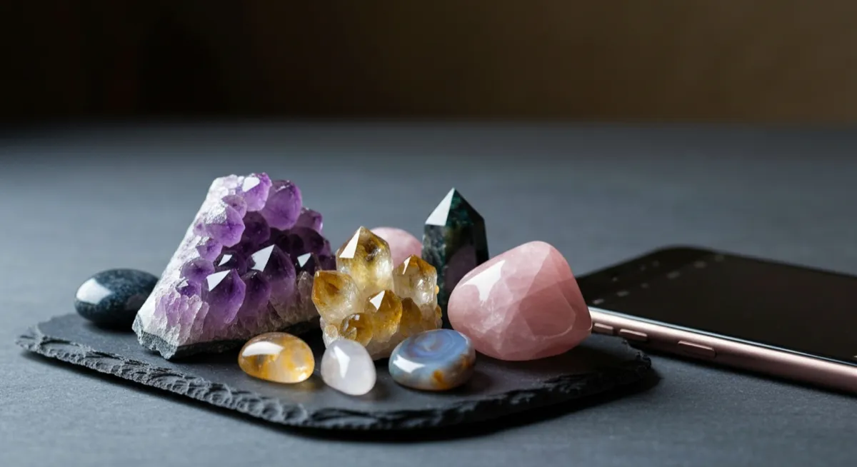 Collection of colorful rocks and crystals on dark slate with smartphone nearby