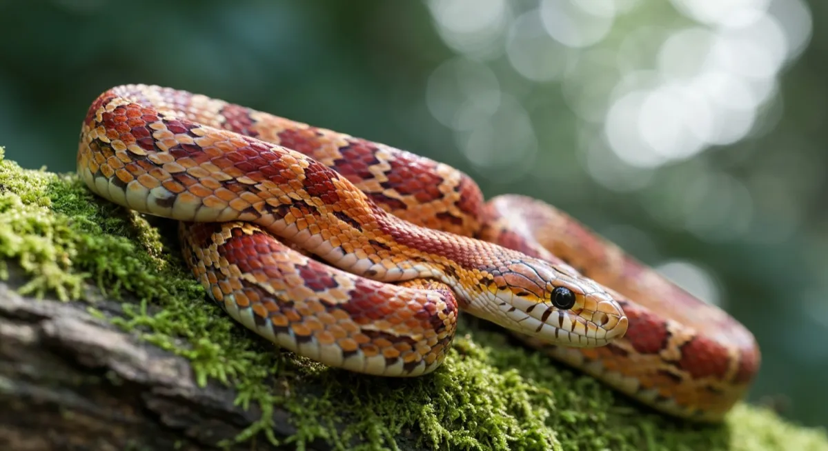 Colorful corn snake coiled on a mossy log in dappled forest light