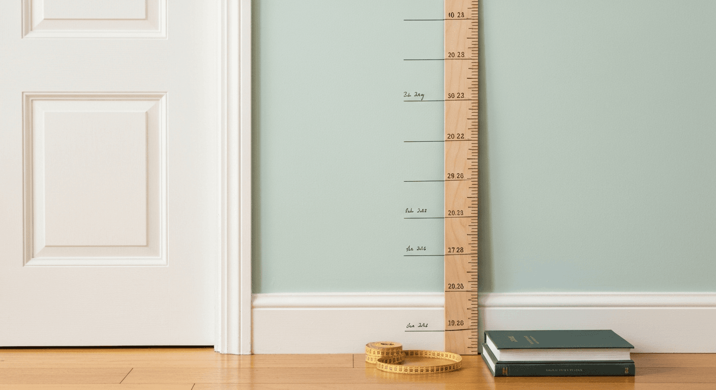 A parent measuring a smiling child against a wall with pencil marks