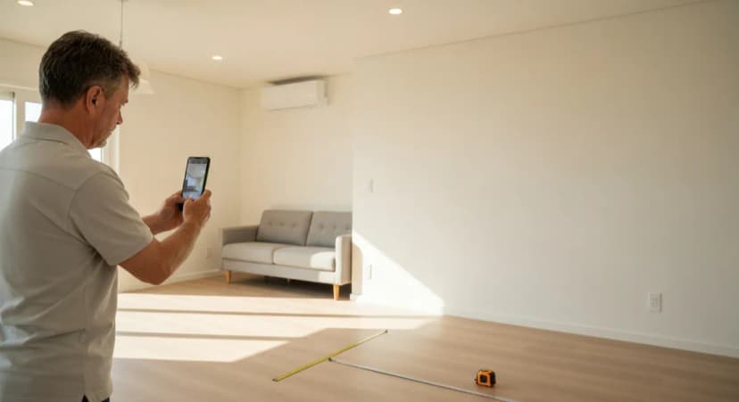 Person using smartphone to measure a living room for furniture