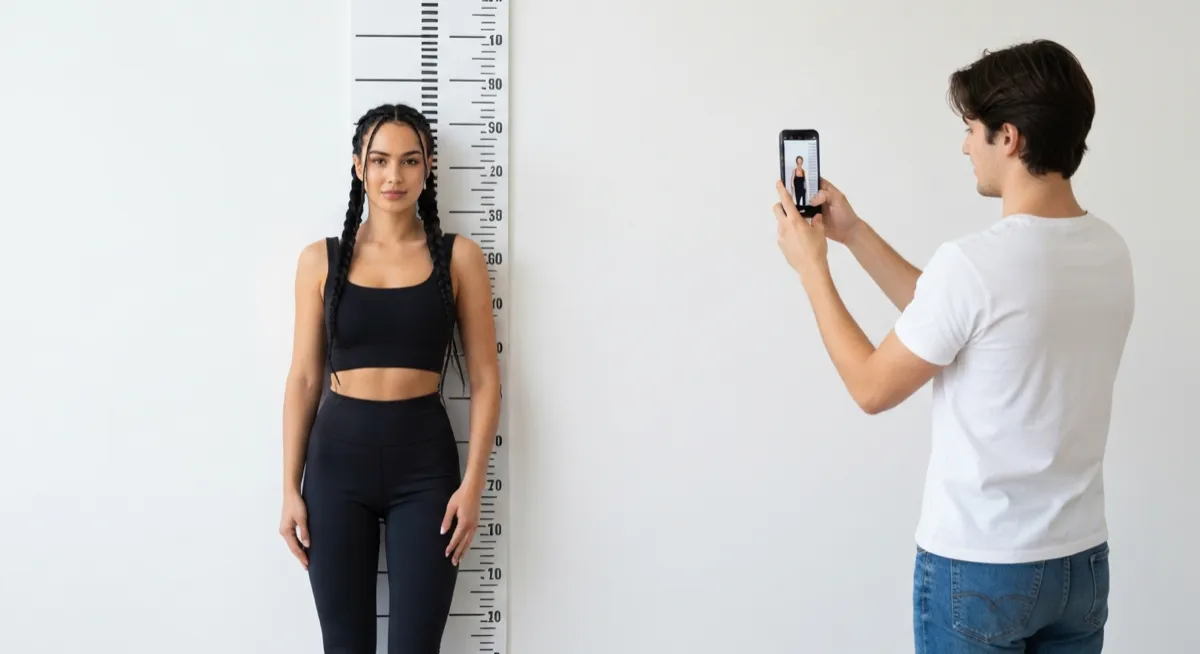 Person standing against a wall with height chart while someone takes a phone photo