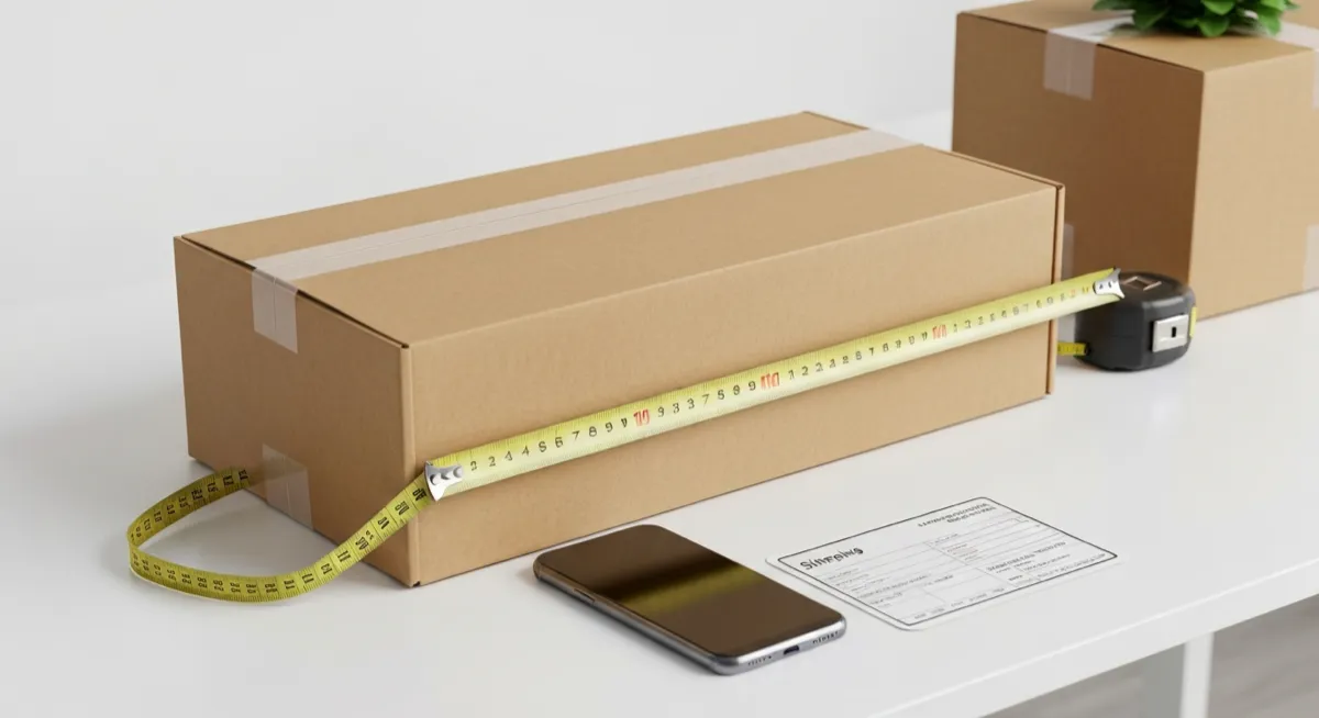 Cardboard shipping box on a desk with tape measure showing dimensions