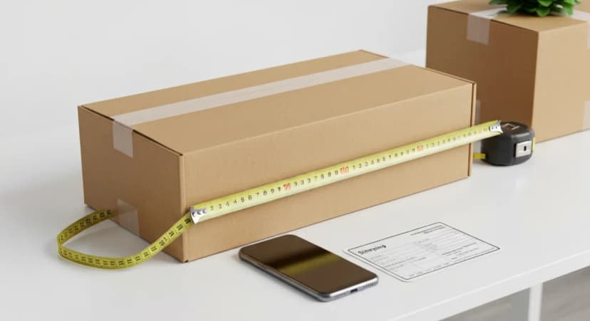 Cardboard shipping box on a desk with tape measure showing dimensions