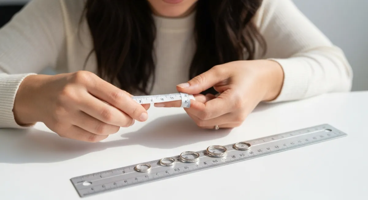 Person wrapping paper strip around finger to measure ring size with ruler nearby