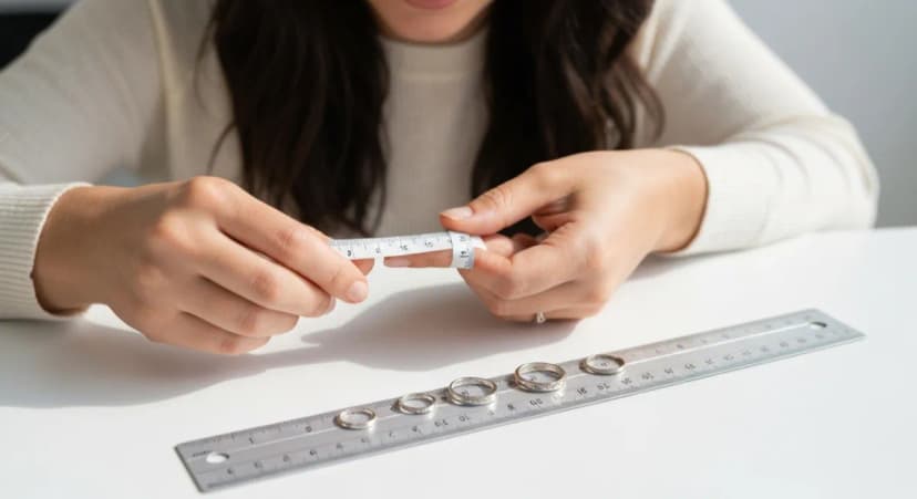 Person wrapping paper strip around finger to measure ring size with ruler nearby
