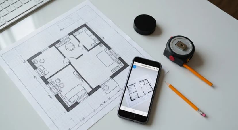 Hand-drawn floor plan on graph paper next to tape measure and smartphone