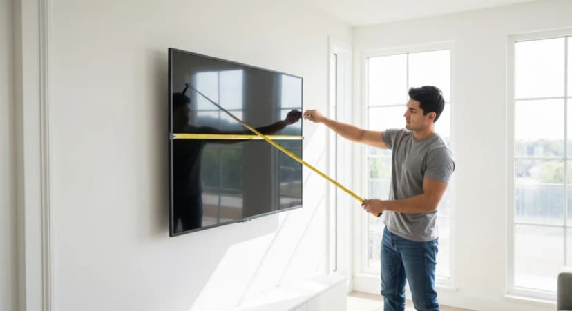 Person holding tape measure diagonally across a flat screen TV on a white wall