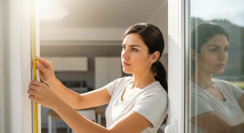 Person using tape measure to measure a window frame from inside with bright light