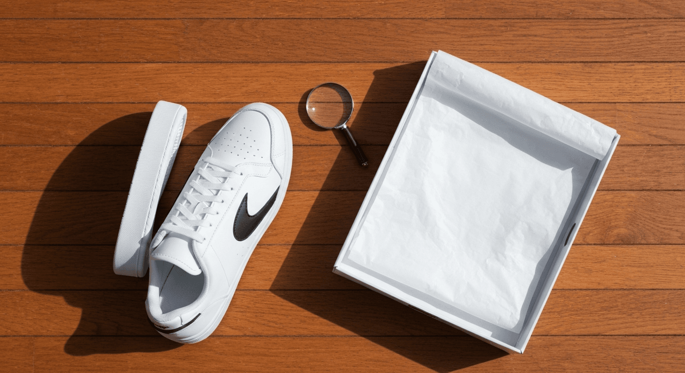 A pair of white Nike-style sneakers next to an open shoe box on a wooden surface