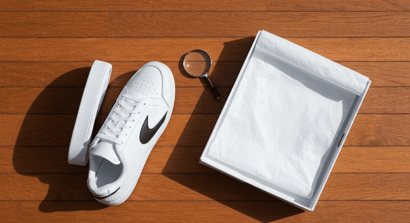 A pair of white Nike-style sneakers next to an open shoe box on a wooden surface