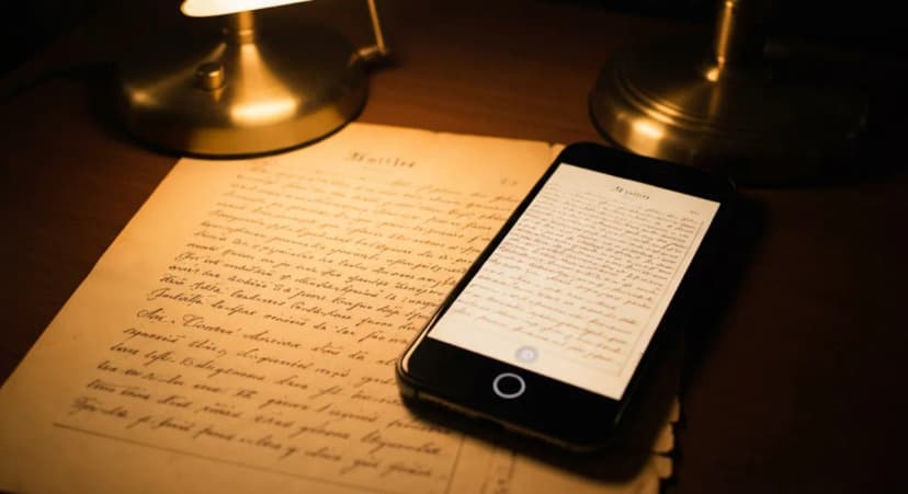 Aged handwritten text on yellowed paper with smartphone nearby for translation