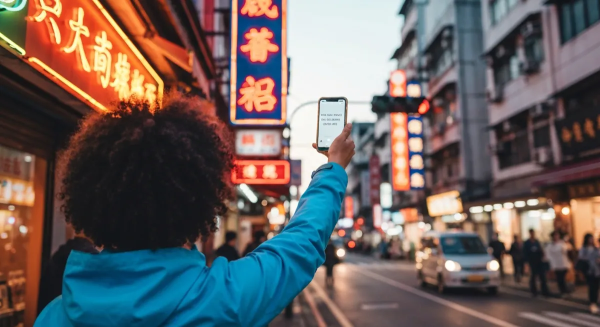 Person holding smartphone to translate a Chinese street sign