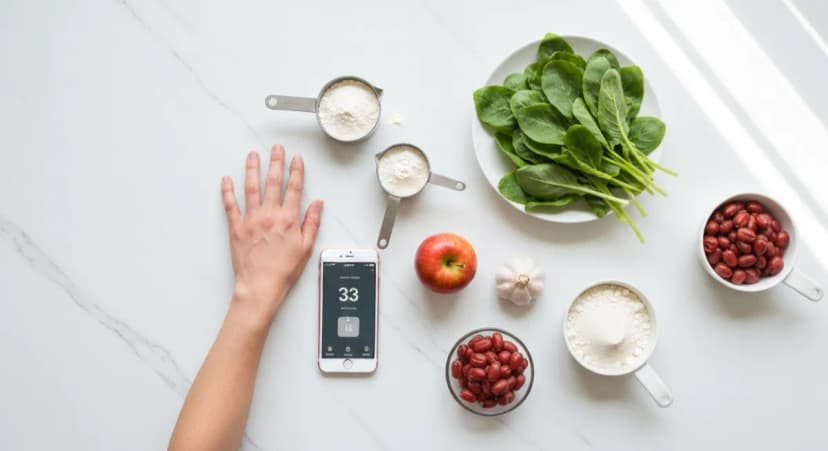 Various foods on a countertop with hands for scale comparison and measuring cups