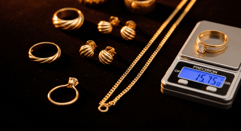 Gold jewelry rings and necklaces on dark surface next to a precision digital scale showing grams
