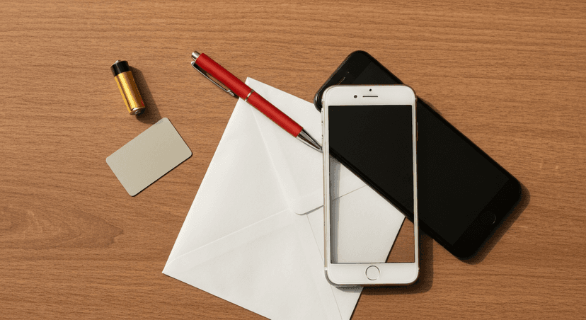 A small stack of letters on a wooden desk next to a smartphone showing a measurement app