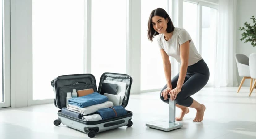 Packed suitcase next to a bathroom scale in a modern home
