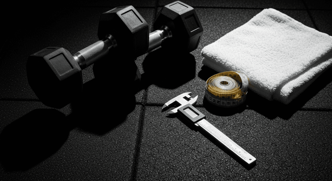 A pair of dumbbells, a measuring tape, and a body fat caliper arranged on a dark gym floor