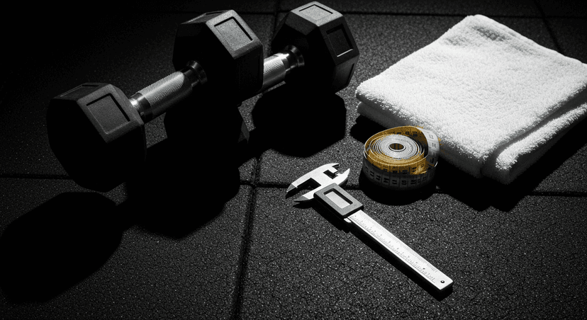 A pair of dumbbells, a measuring tape, and a body fat caliper arranged on a dark gym floor