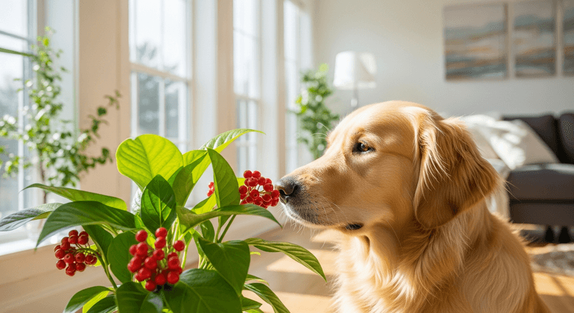 Golden retriever dog sniffing a houseplant with red berries in a bright living room