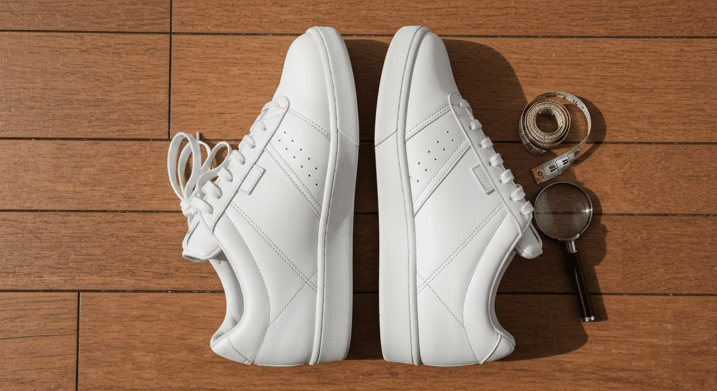 Two pairs of nearly identical white sneakers side by side on a wooden floor with subtle differences