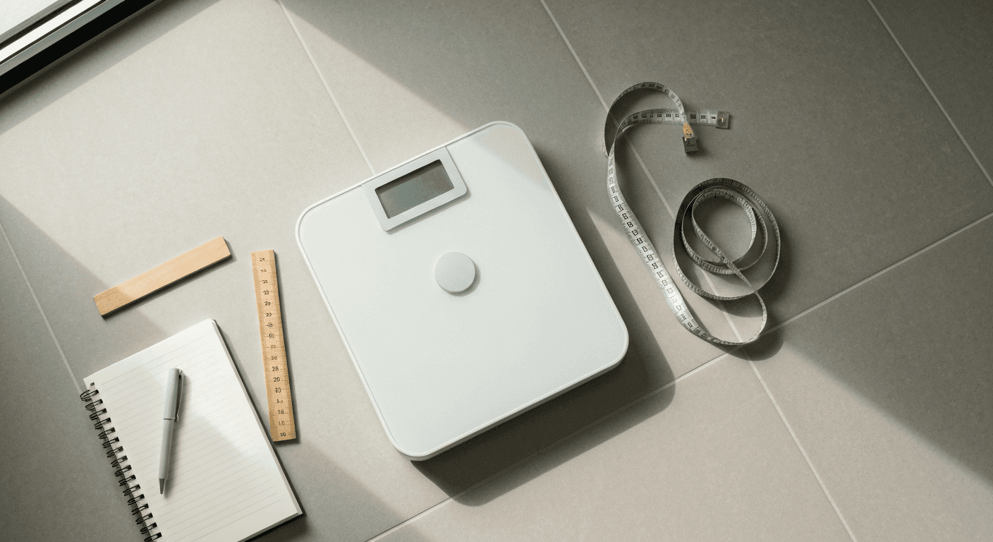 A modern bathroom scale on a white tile floor next to a small wooden ruler and notebook