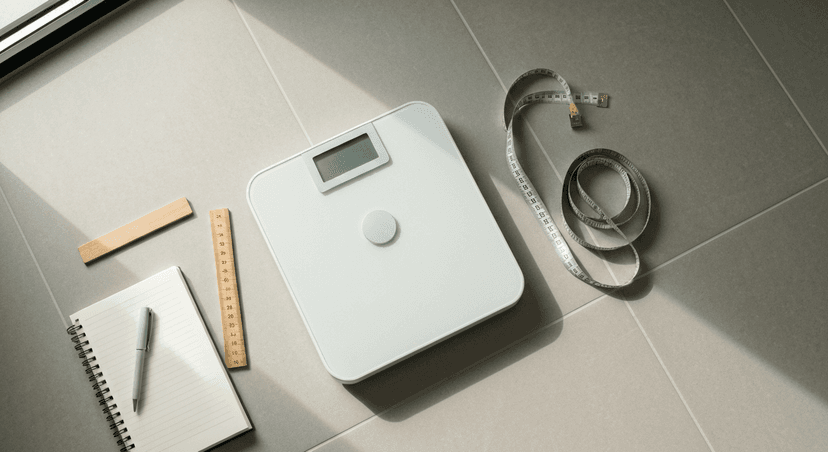 A modern bathroom scale on a white tile floor next to a small wooden ruler and notebook