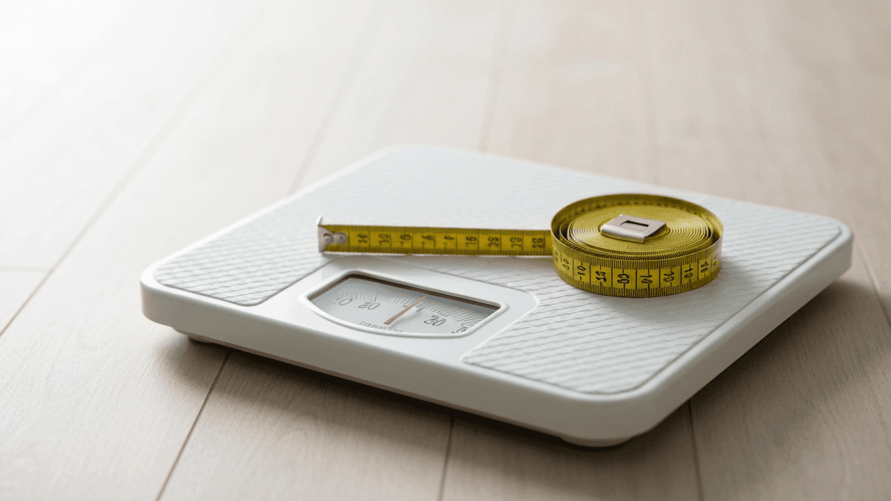 A tape measure and bathroom scale representing BMI measurement