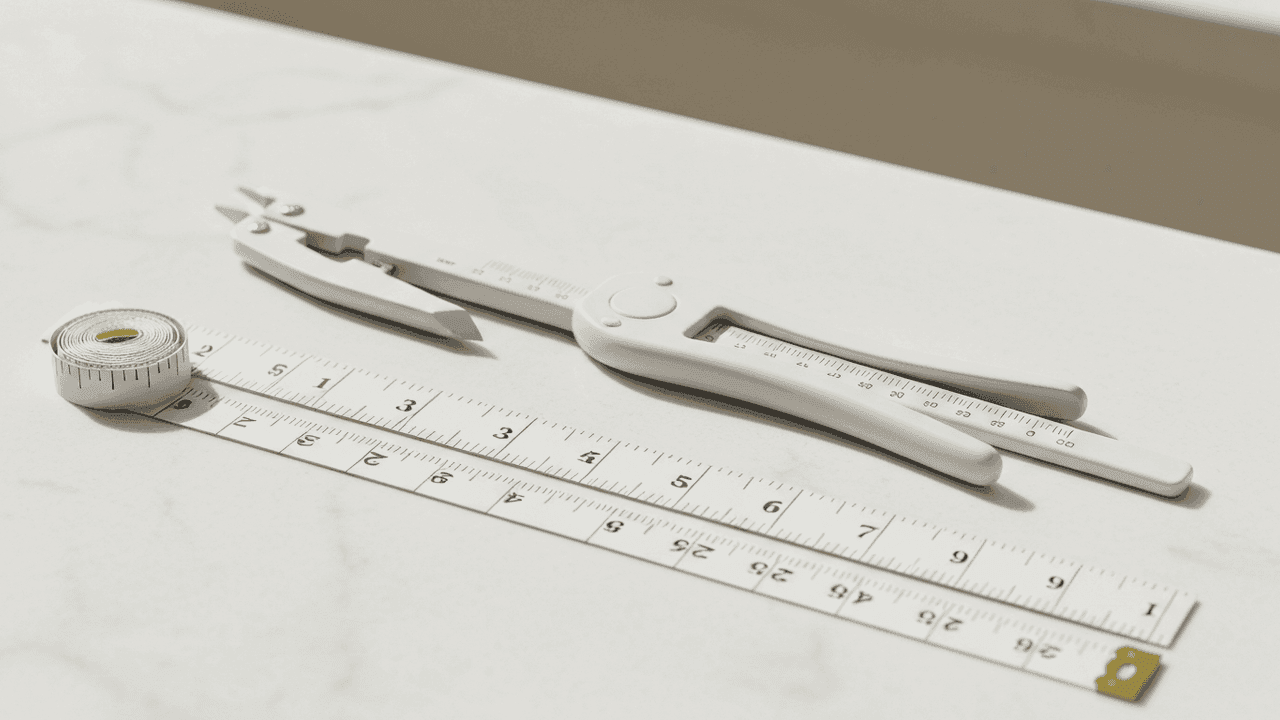 Body fat calipers and a measuring tape on a surface
