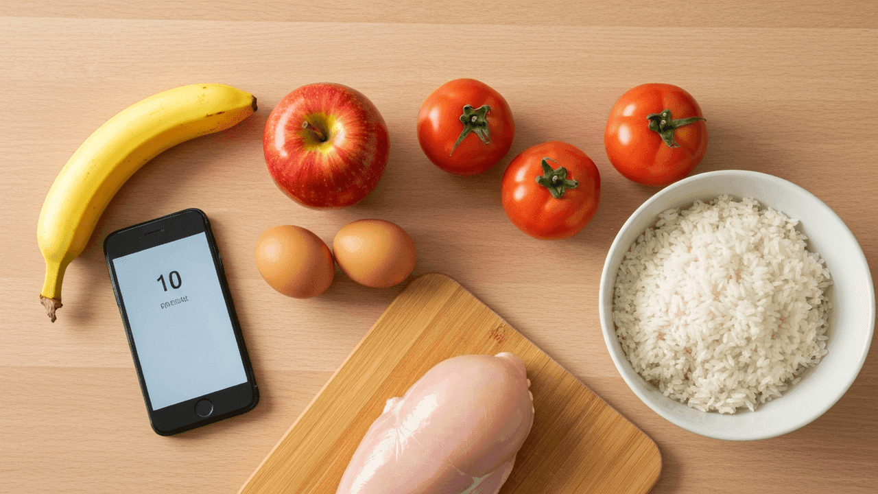 Assorted foods on a kitchen counter next to a phone estimating their weight in grams