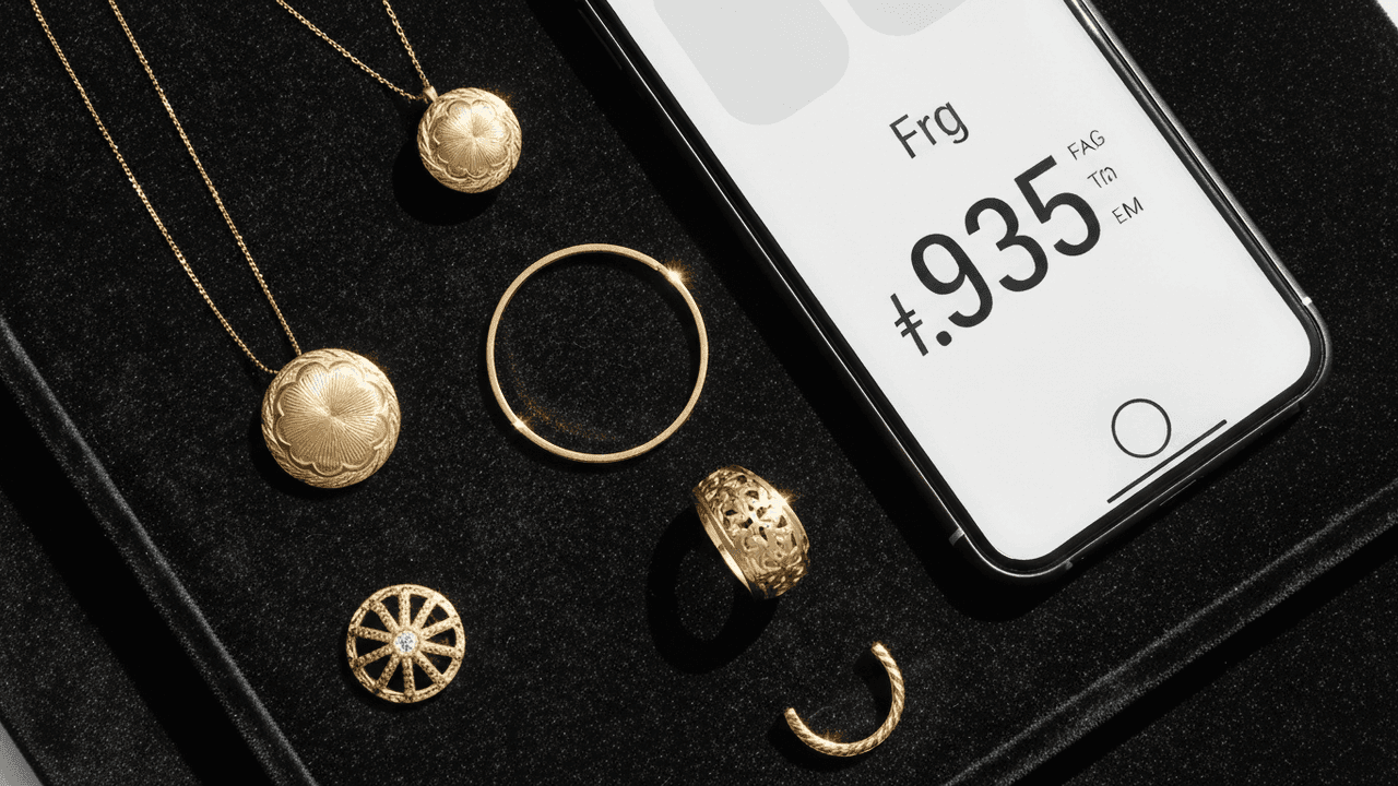 Gold rings and a chain necklace on a light surface being weighed by phone