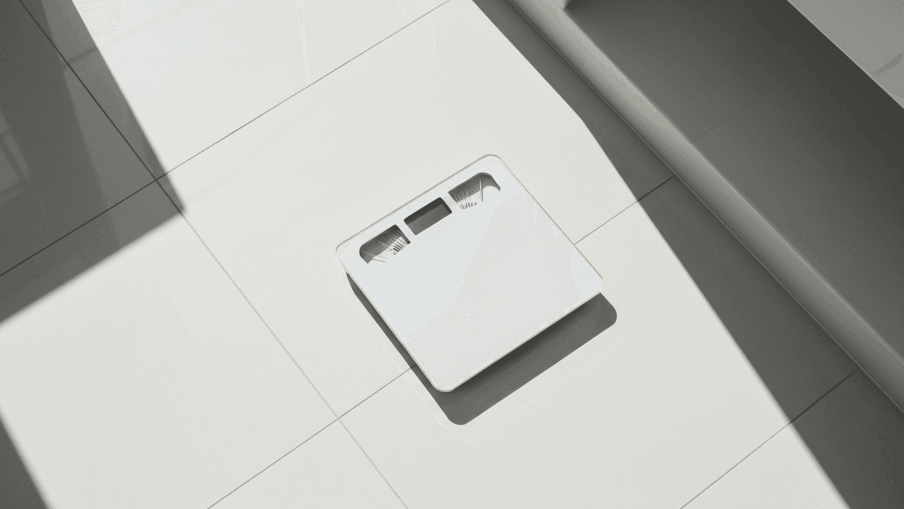 A bathroom scale display showing weight in kilograms and pounds