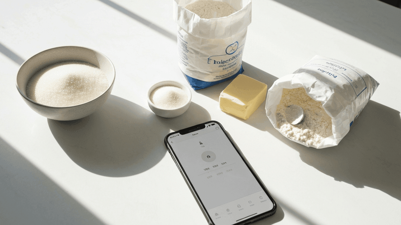 Baking ingredients like flour, sugar and butter measured on a kitchen counter with a phone