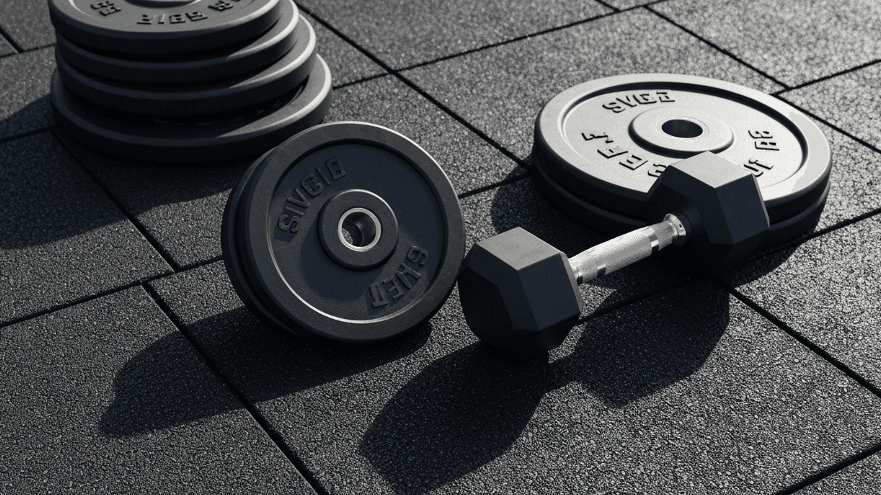 Gym weight plates and a scale showing pounds and kilograms