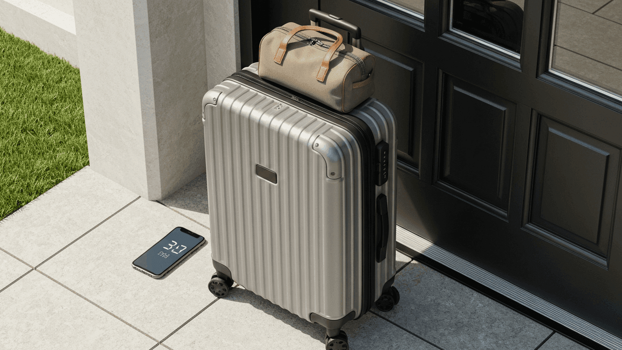 A packed suitcase by the front door being weight-checked with a phone before a flight