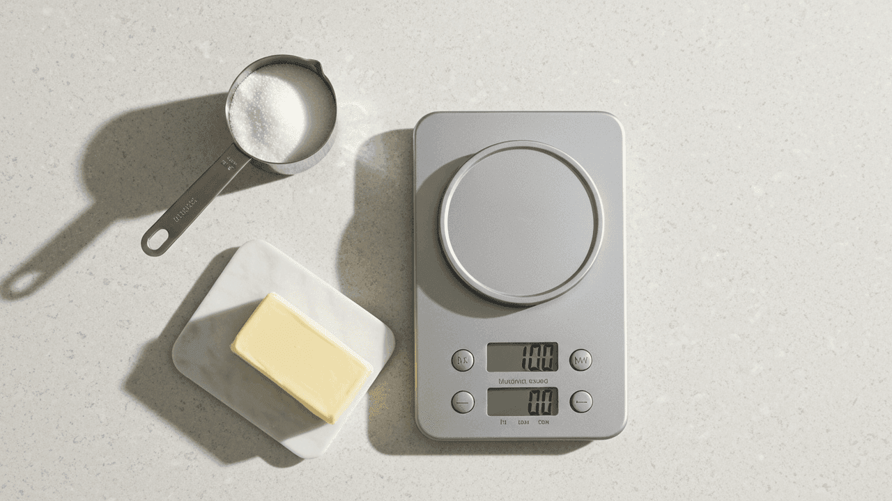 A kitchen scale and ingredients showing weight in ounces and grams