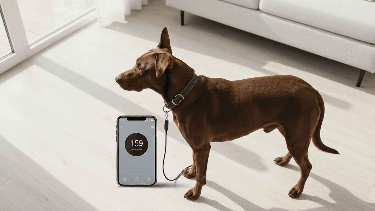 A dog standing sideways on the floor being weight-estimated by phone