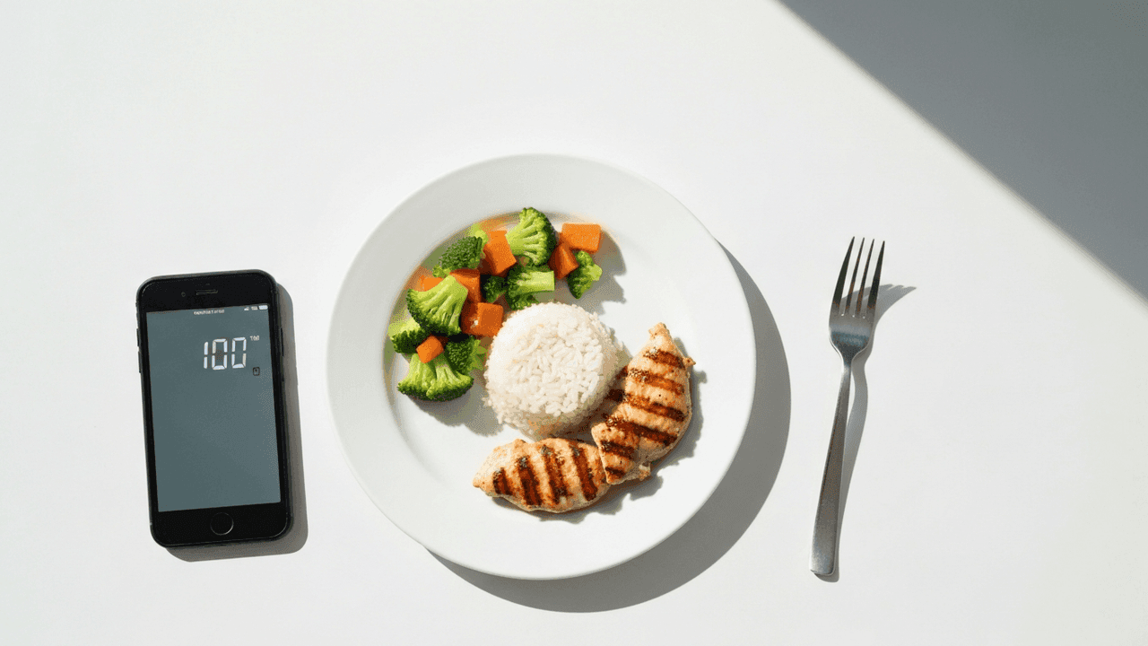 A balanced plate with measured portions of protein, carbs and vegetables next to a phone