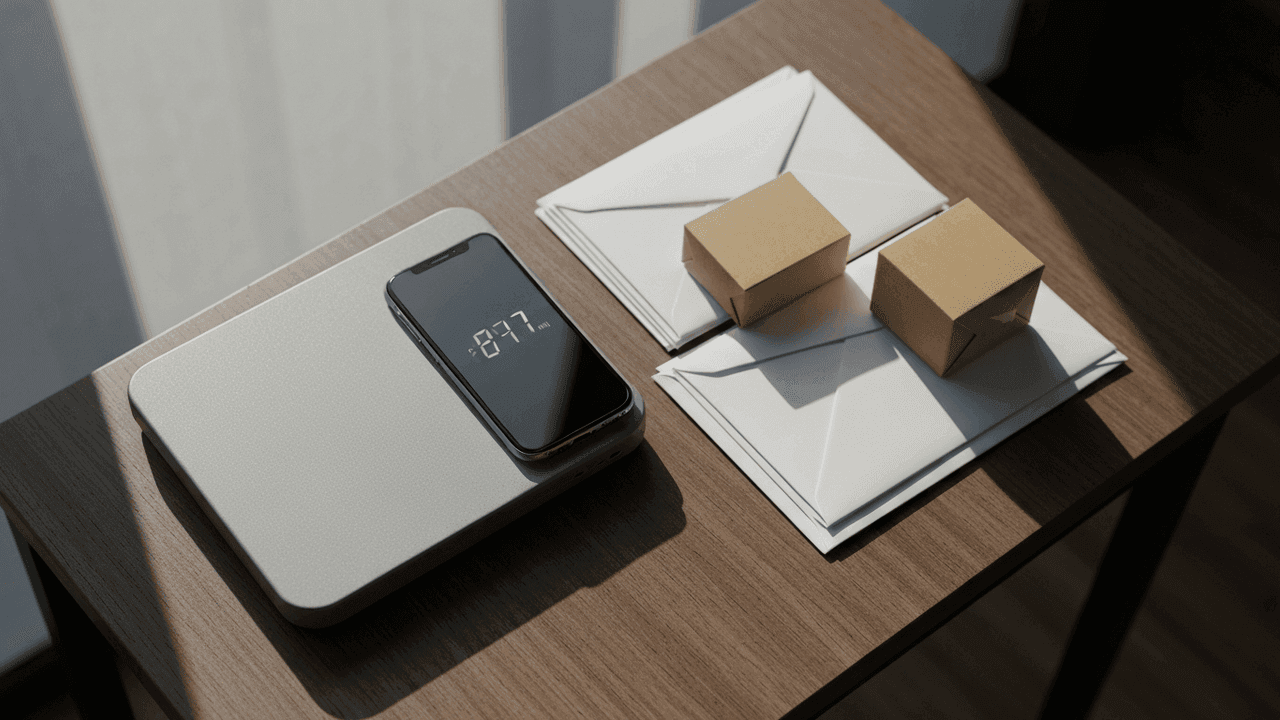 Envelopes and a small package on a desk being weighed by phone before shipping