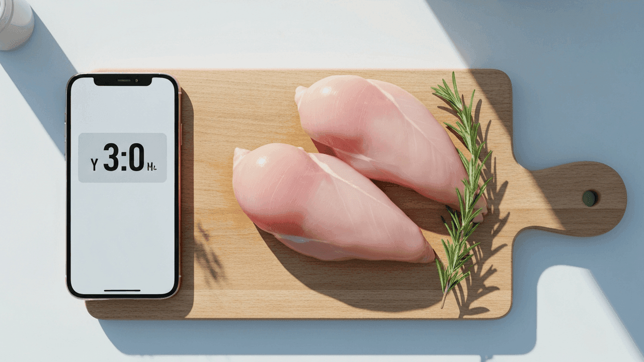 Raw boneless chicken breasts on a cutting board being weighed by phone