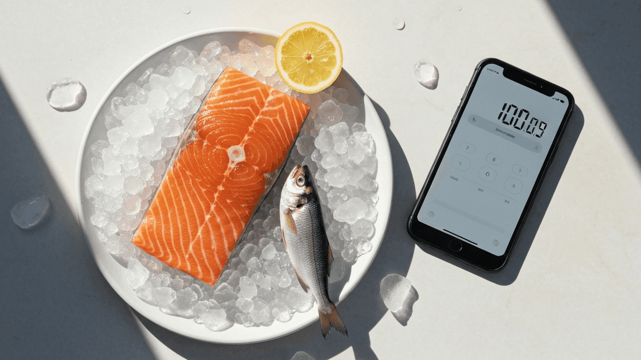 Fresh salmon fillet and whole fish on ice being weighed by phone