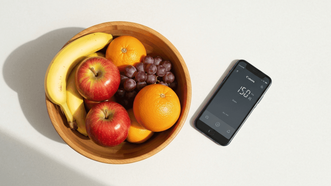 A bowl of assorted fruit on a counter being weighed by phone