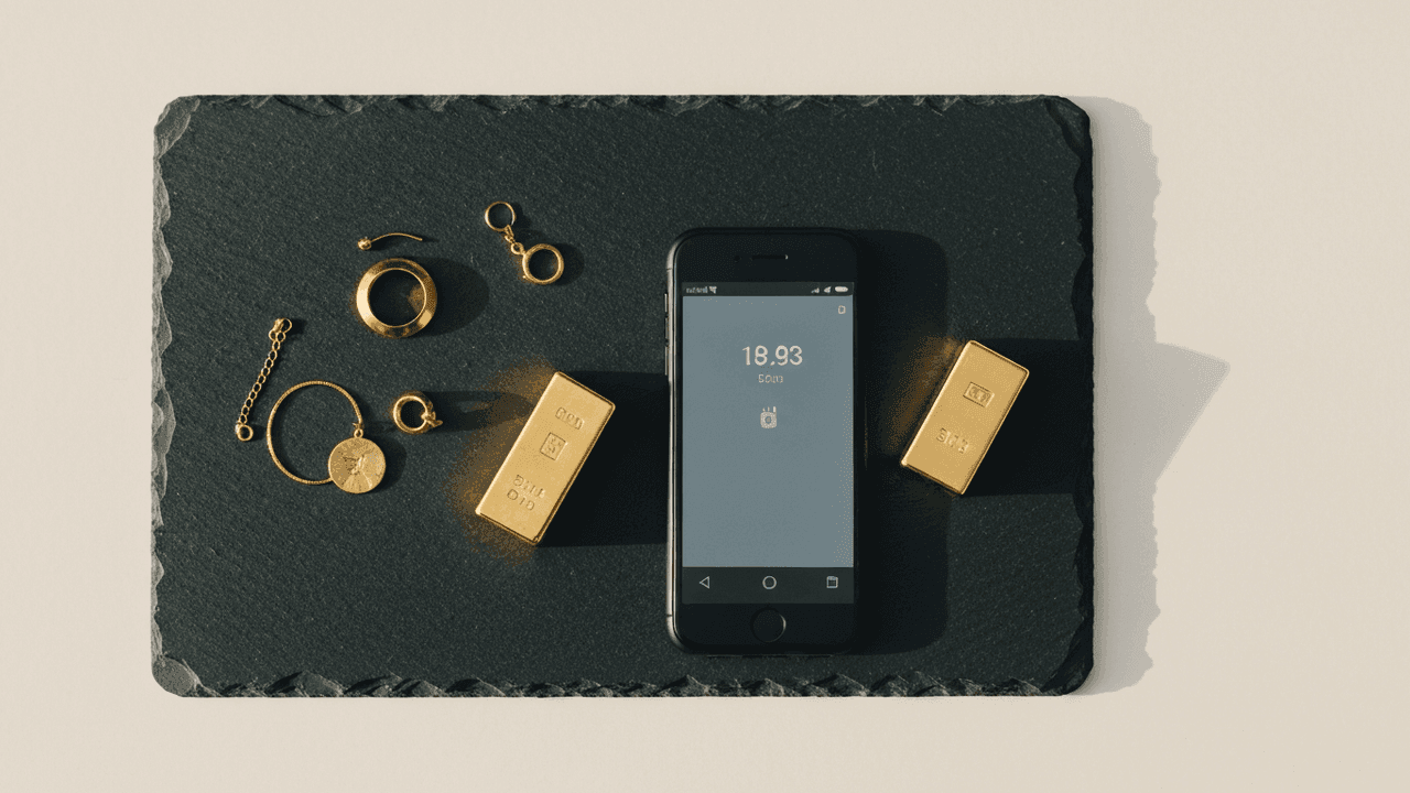 Gold rings, a chain and a small gold bar on a dark surface being weighed by phone