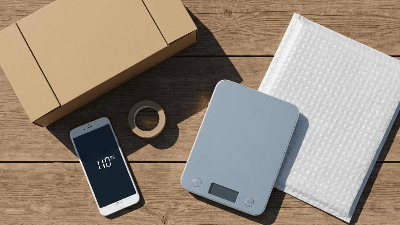A cardboard shipping box and padded mailer on a table being weighed by phone